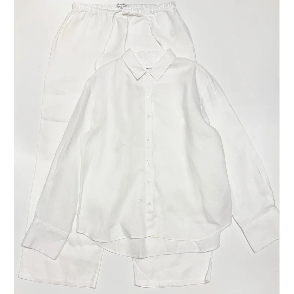 Reformation White 100% Linen 2 Piece Set XL Shirt and Large Wide Leg Pants Women